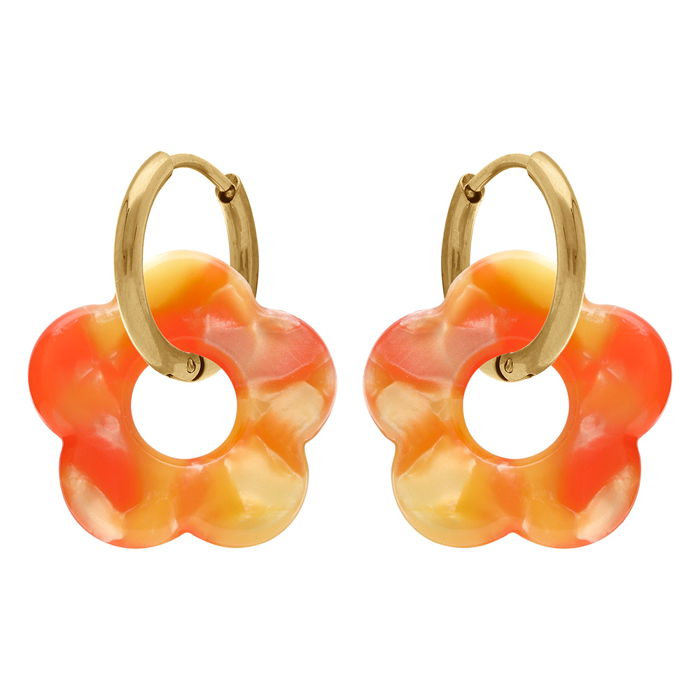 Cr�oles en acier dor� 15mm articul�e fleur ren �sine orange effet nuanc� - Vue 1