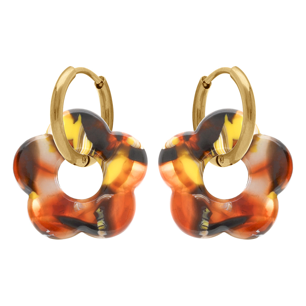 Cr�oles en acier dor� 15mm articul�e fleur r�sine diff�rents marons effet nuanc� - Vue 1