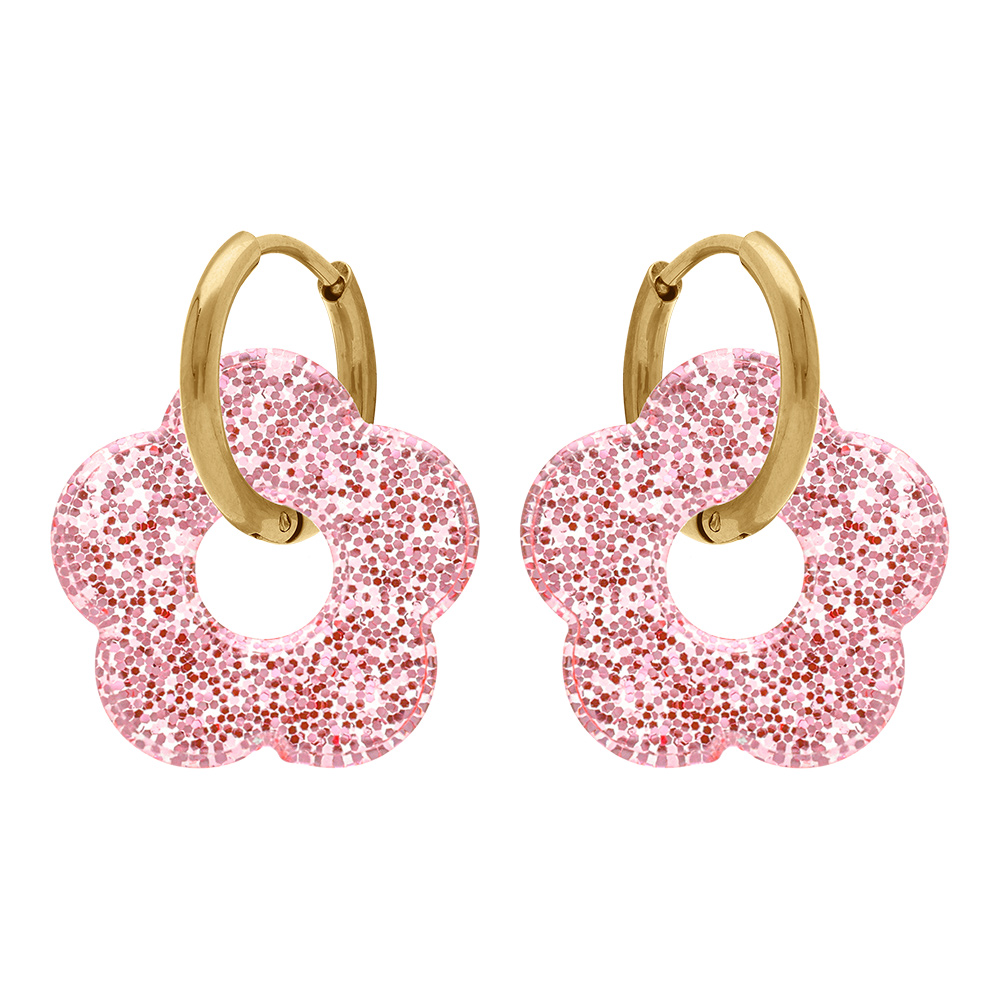 Cr�oles en acier dor� 15mm articul�e fleur r�sine rose paillet�e - Vue 1