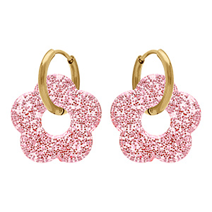 Cr�oles en acier dor� 15mm articul�e fleur r�sine rose paillet�e