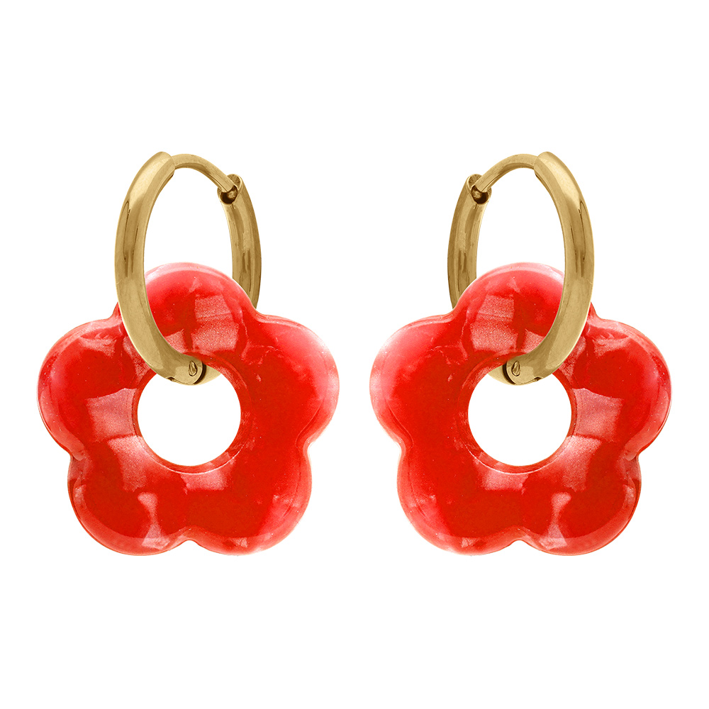 Cr�oles en acier dor� 15mm articul�e fleur r�sine rouge effet nacr� - Vue 1