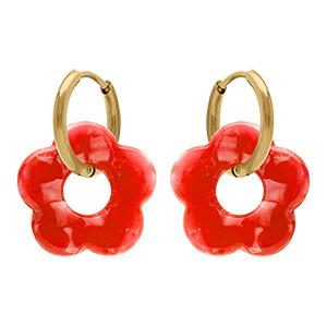 Cr�oles en acier dor� 15mm articul�e fleur r�sine rouge effet nacr�