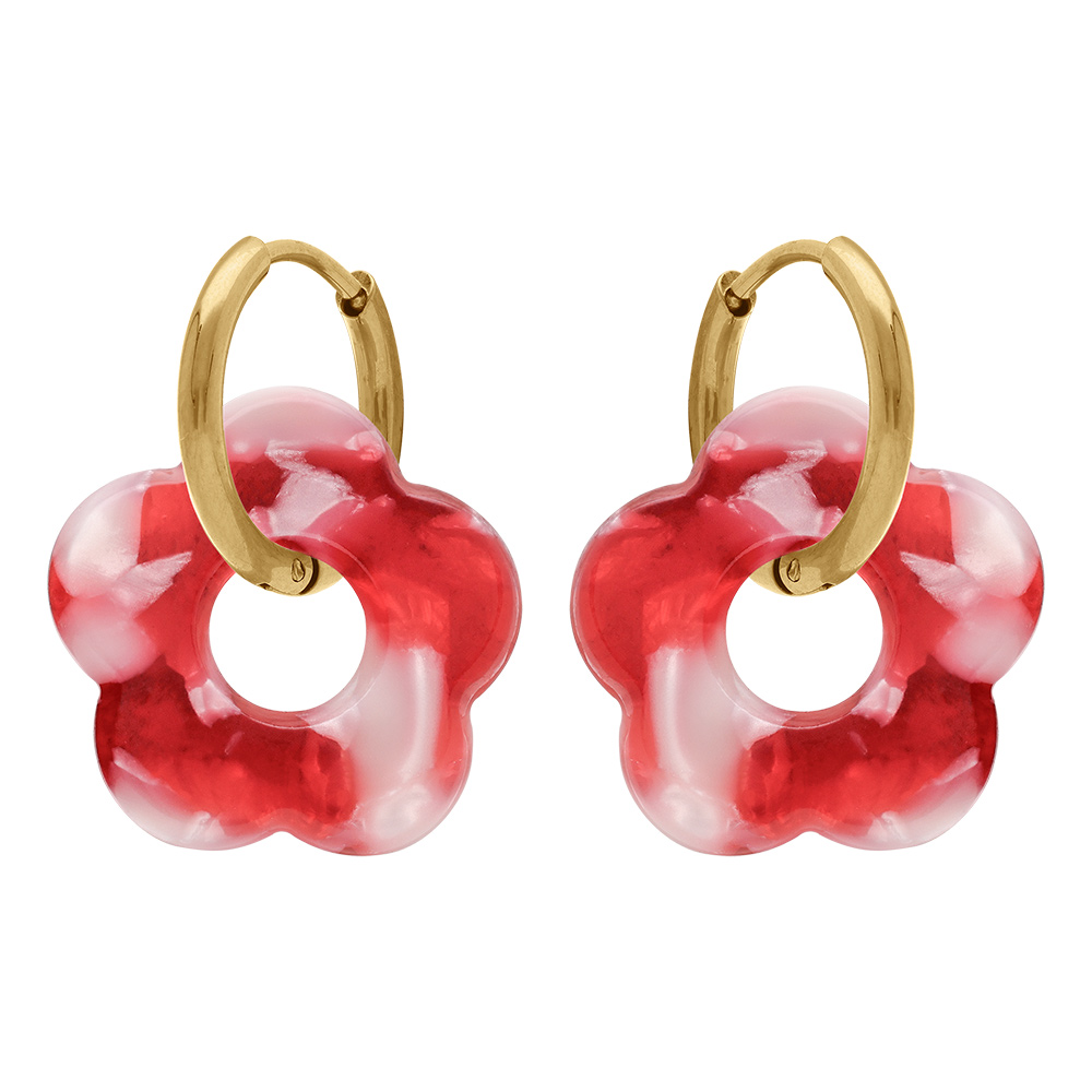 Cr�oles en acier dor� 15mm articul�e fleur r�sine rouge effet nuanc� - Vue 1