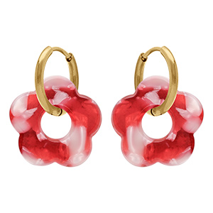 Cr�oles en acier dor� 15mm articul�e fleur r�sine rouge effet nuanc�