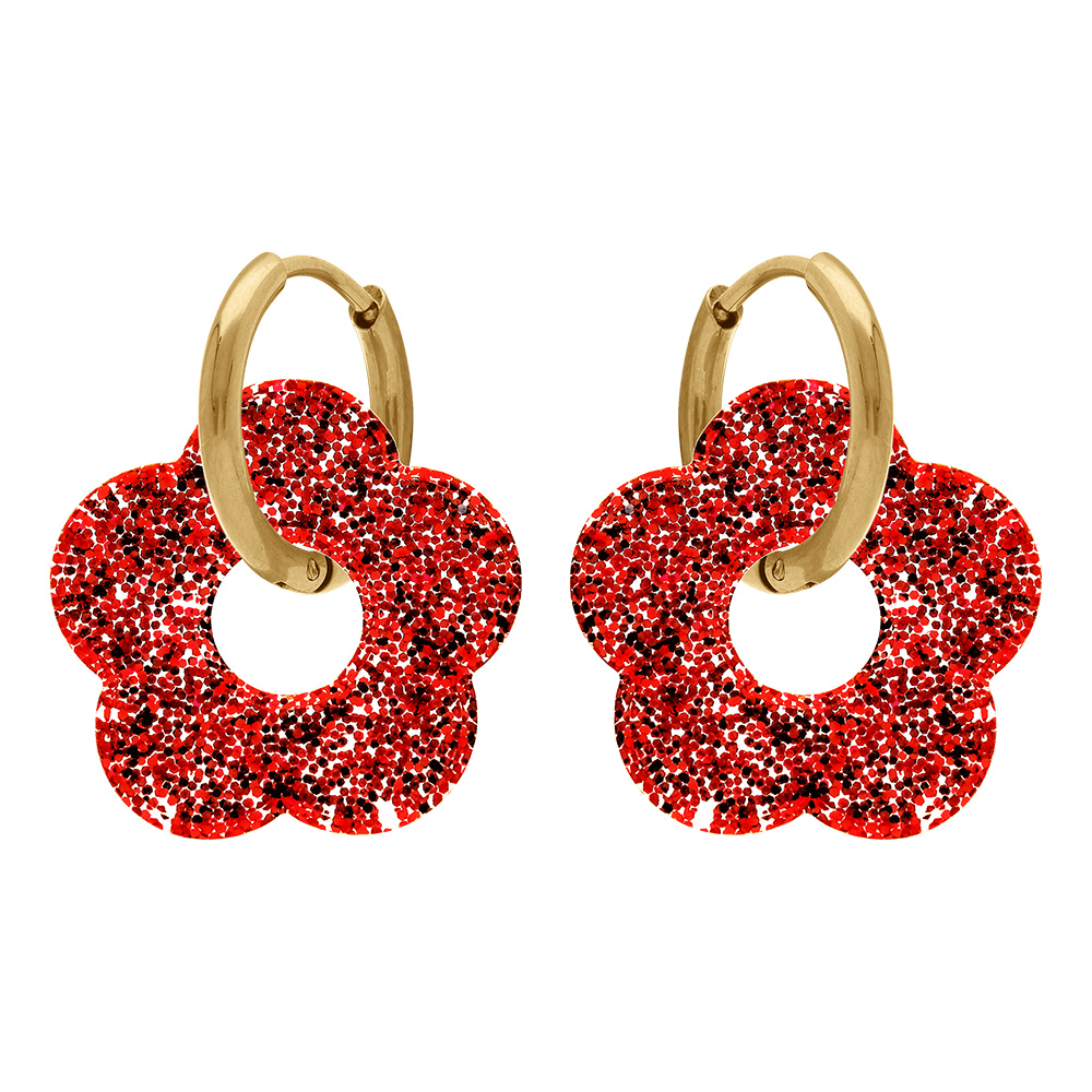 Cr�oles en acier dor� 15mm articul�e fleur r�sine rouge paillet�e - Vue 1