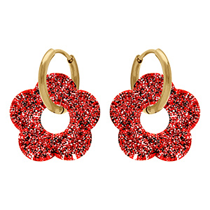 Cr�oles en acier dor� 15mm articul�e fleur r�sine rouge paillet�e