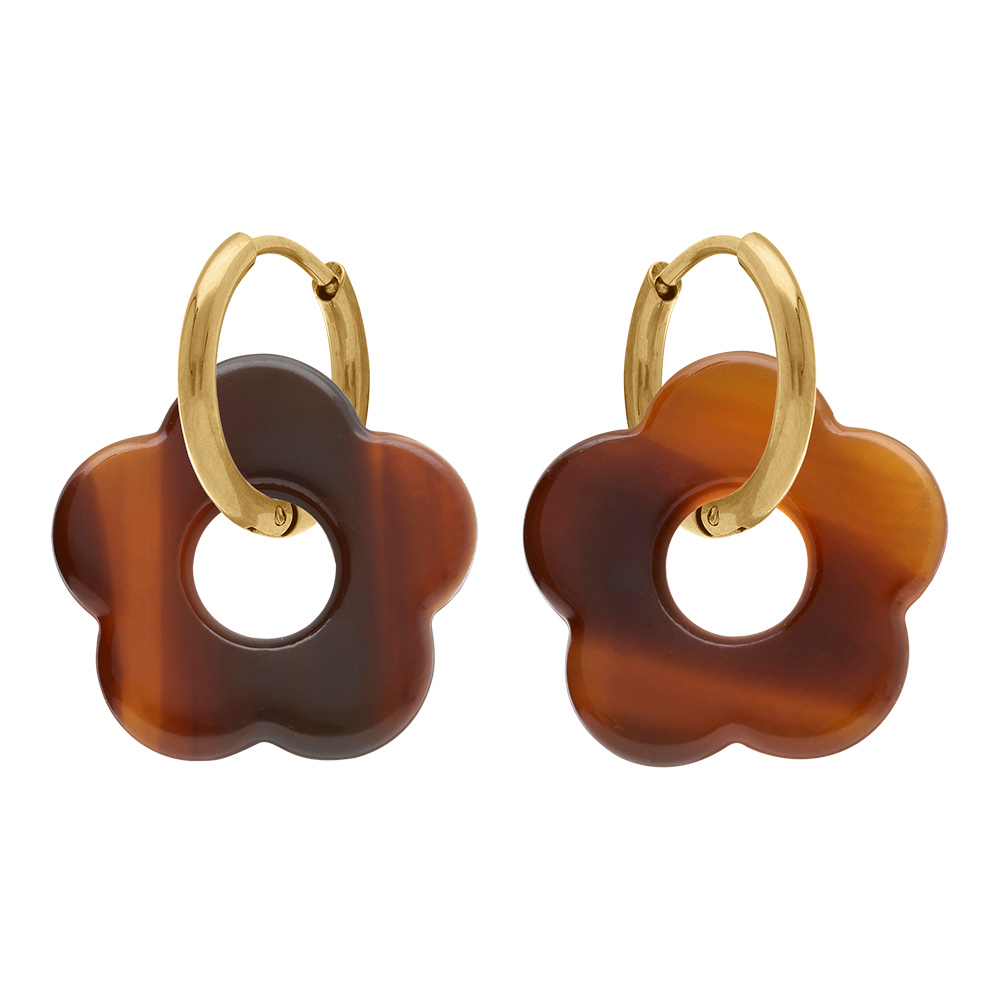 Cr�oles en acier dor� 15mm articul�e fleur r�sine ton maron effet nuanc� - Vue 1