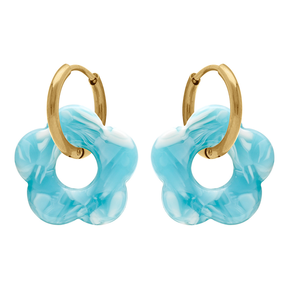Cr�oles en acier dor� 15mm articul�e fleur r�sine turquoise effet nuanc� - Vue 1