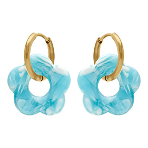 Cr�oles en acier dor� 15mm articul�e fleur r�sine turquoise effet nuanc�