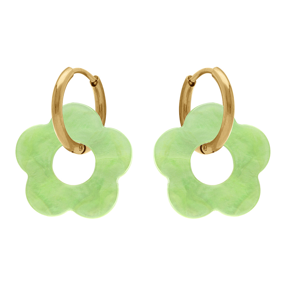 Cr�oles en acier dor� 15mm articul�e fleur r�sine vert clair effet nacr� - Vue 1