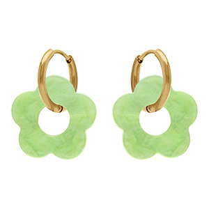 Cr�oles en acier dor� 15mm articul�e fleur r�sine vert clair effet nacr�