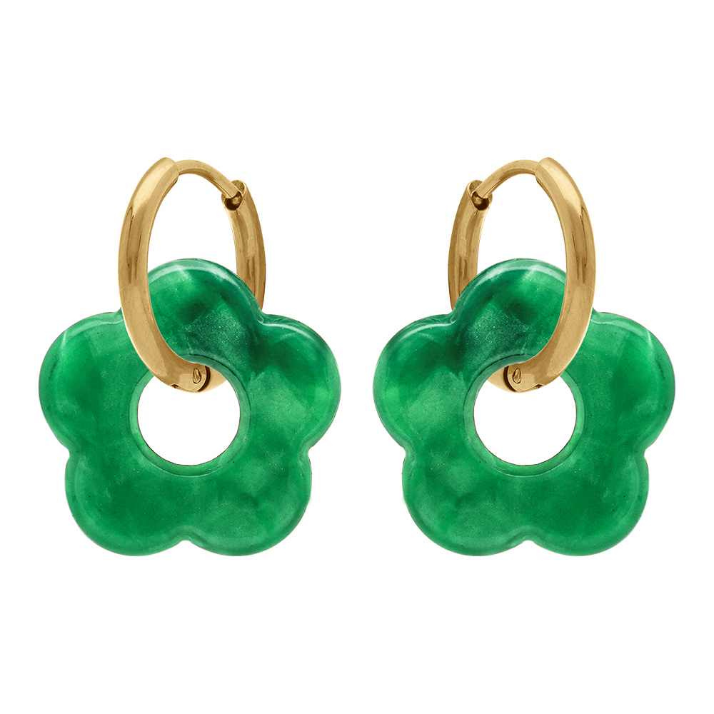 Cr�oles en acier dor� 15mm articul�e fleur r�sine vert effet nacr� - Vue 1