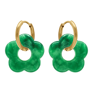 Cr�oles en acier dor� 15mm articul�e fleur r�sine vert effet nacr�