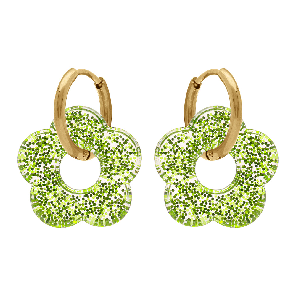 Cr�oles en acier dor� 15mm articul�e fleur r�sine vert paillet� - Vue 1
