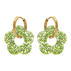 Cr�oles en acier dor� 15mm articul�e fleur r�sine vert paillet�