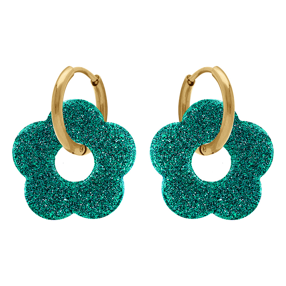 Cr�oles en acier dor� 15mm articul�e fleur r�sine vert turquoise paillet�e - Vue 1
