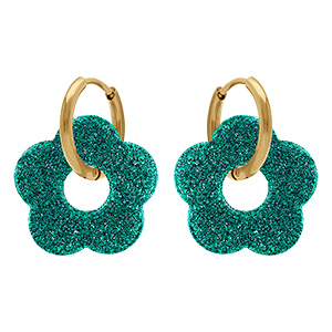 Cr�oles en acier dor� 15mm articul�e fleur r�sine vert turquoise paillet�e