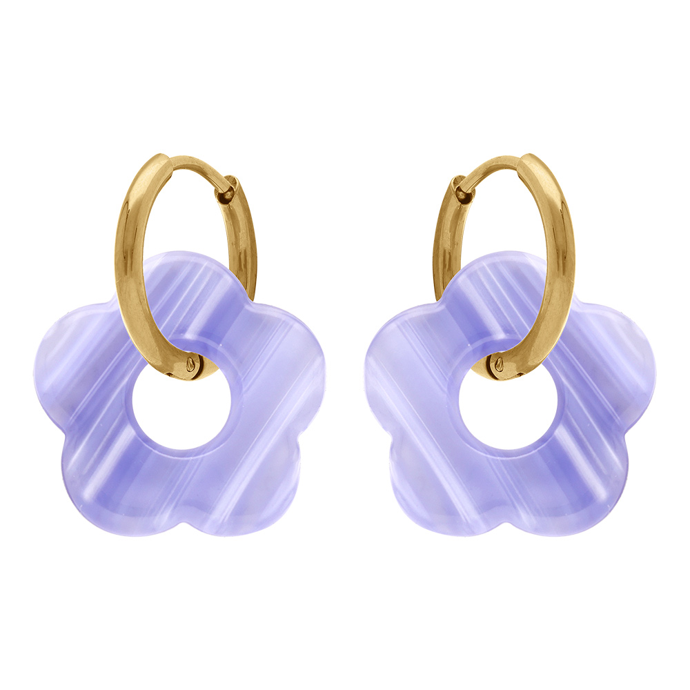 Cr�oles en acier dor� 15mm articul�e fleur r�sine violet effet nacr� - Vue 1