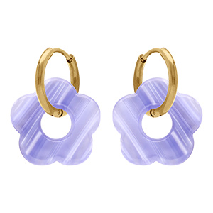 Cr�oles en acier dor� 15mm articul�e fleur r�sine violet effet nacr�
