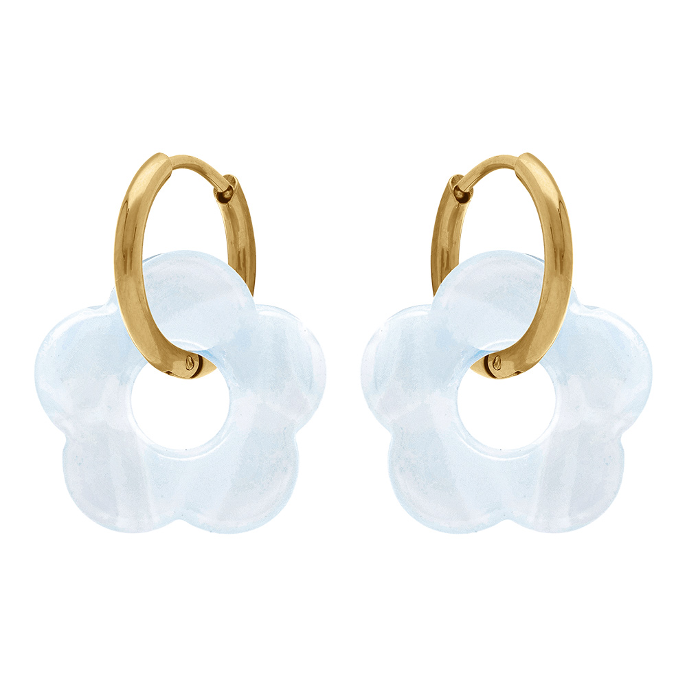 Cr�oles en acier dor� 15mm articul�es avec fleur en r�sine blanche effet nacr� - Vue 1