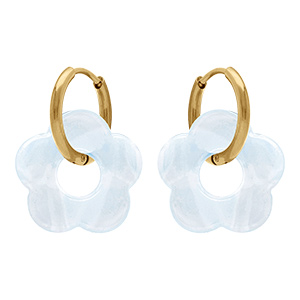Cr�oles en acier dor� 15mm articul�es avec fleur en r�sine blanche effet nacr�