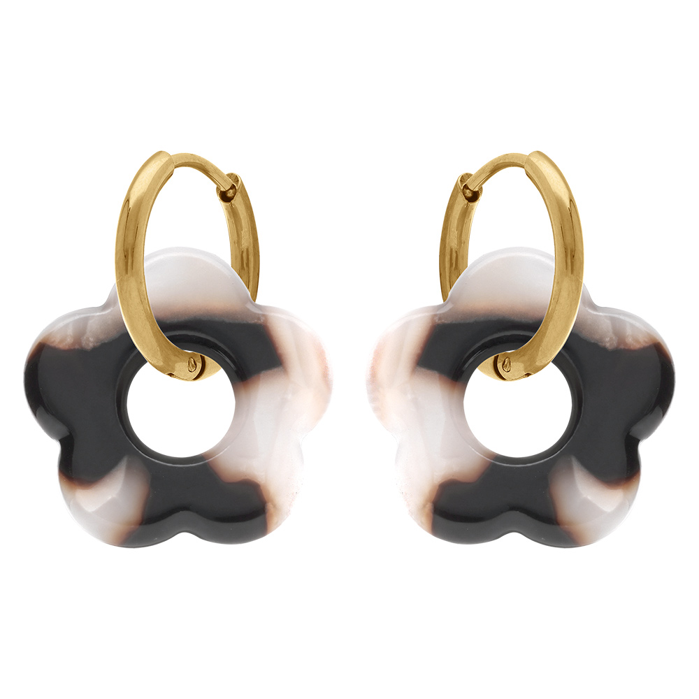 Cr�oles en acier dor� 15mm articul�es fleur en r�sine blanche et noire effet nuanc� - Vue 1