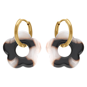 Cr�oles en acier dor� 15mm articul�es fleur en r�sine blanche et noire effet nuanc�
