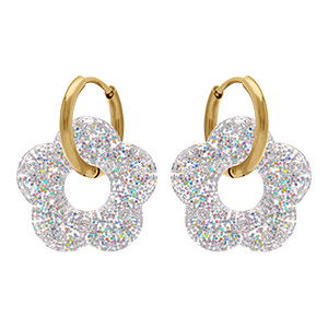 Cr�oles en acier dor� 15mm articul�es fleur en r�sine blanche paillet�e