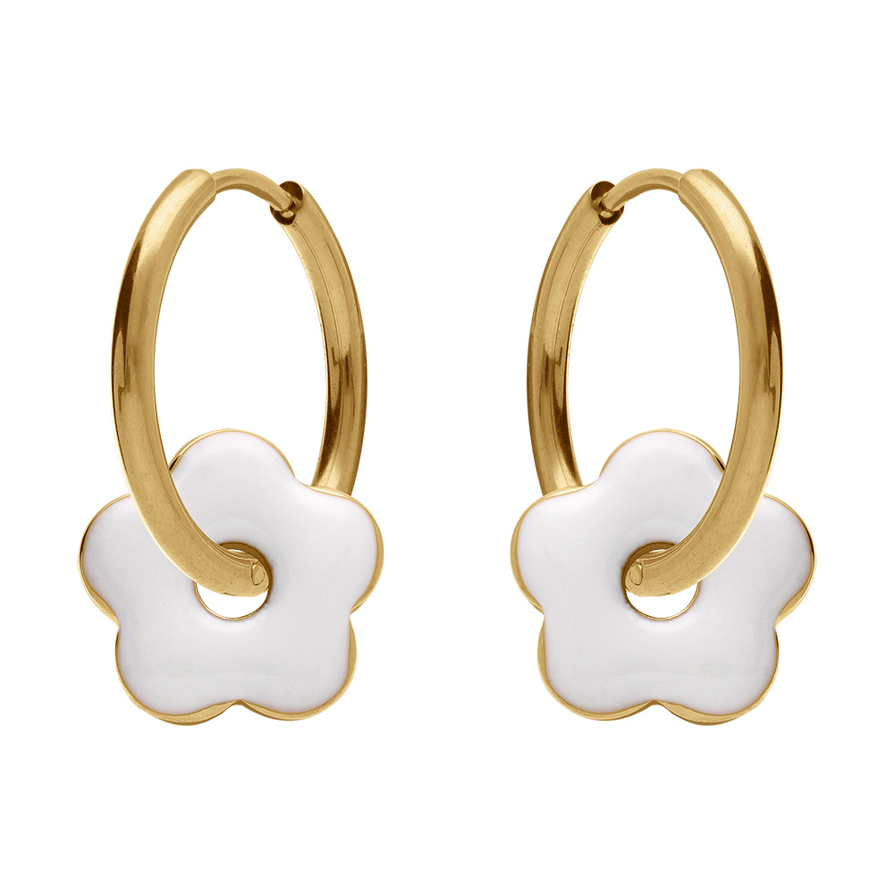 Cr�oles en acier dor� 20mm articul�e fleur r�sine blanche brillante - Vue 1