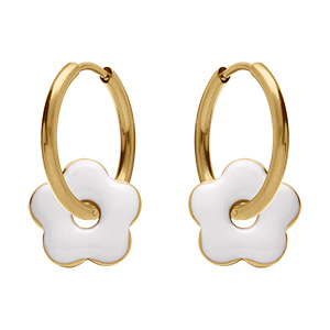 Cr�oles en acier dor� 20mm articul�e fleur r�sine blanche brillante