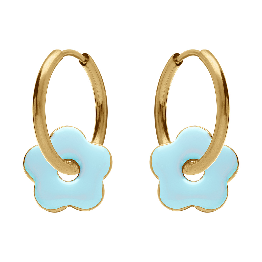 Cr�oles en acier dor� 20mm articul�e fleur r�sine bleu ciel brillante - Vue 1