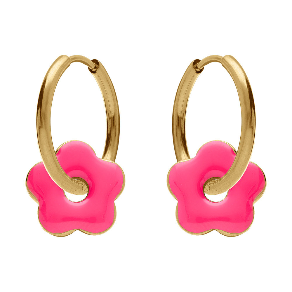 Cr�oles en acier dor� 20mm articul�e fleur r�sine fushia brillante - Vue 1