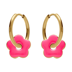 Cr�oles en acier dor� 20mm articul�e fleur r�sine fushia brillante