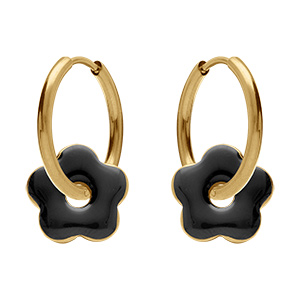 Cr�oles en acier dor� 20mm articul�e fleur r�sine noire brillante
