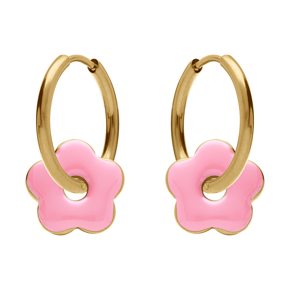 Cr�oles en acier dor� 20mm articul�e fleur r�sine rose brillante - Vue 1