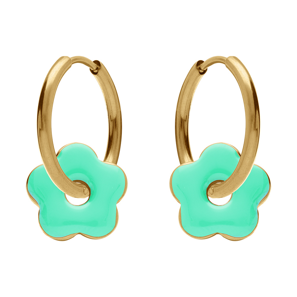 Cr�oles en acier dor� 20mm articul�e fleur r�sine verte brillante - Vue 1