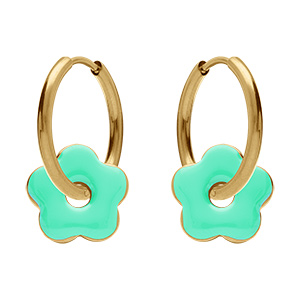 Cr�oles en acier dor� 20mm articul�e fleur r�sine verte brillante