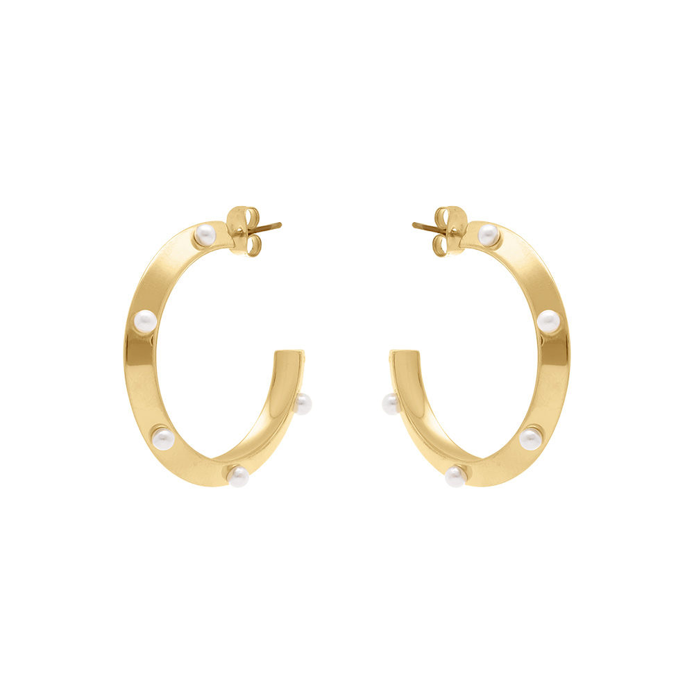 Cr�oles en acier dor� avec perle blanche imitation 27mm - Vue 1