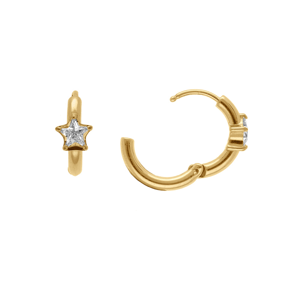 Cr�oles en acier dor� jaune 11mm articul�e motif etoile oxyde blanc - Vue 1