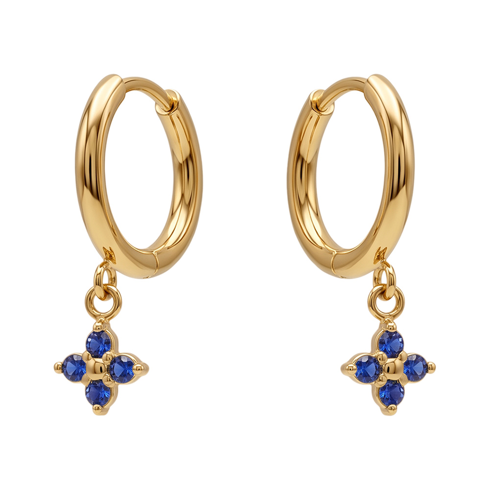 Cr�oles en acier dor� lisses articul�es avec pampille fleur d\'oxydes bleus - Vue 1