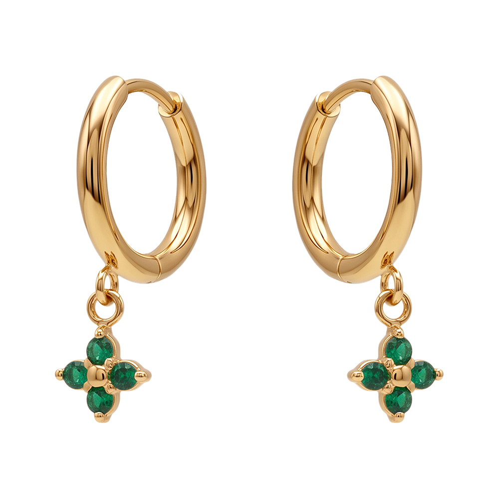 Cr�oles en acier dor� lisses articul�es avec pampille fleur d\'oxydes verts - Vue 1