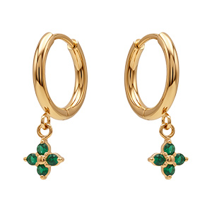 Cr�oles en acier dor� lisses articul�es avec pampille fleur d'oxydes verts