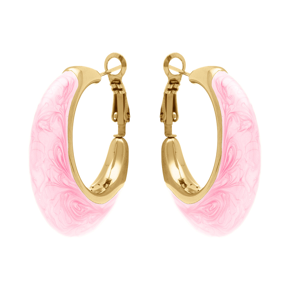 Cr�oles en acier dor� ovale bomb�e 35mm rose clair nacr� tige et clapet - Vue 1