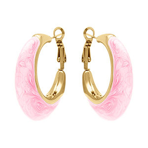 Cr�oles en acier dor� ovale bomb�e 35mm rose clair nacr� tige et clapet
