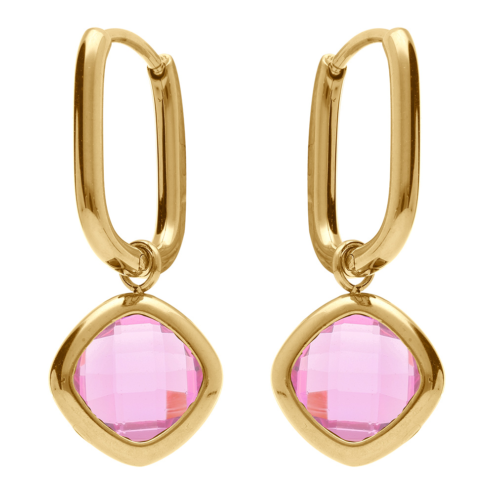 Cr�oles en acier dor� rectangulaire articul�e avec oxyde carr� rose - Vue 1