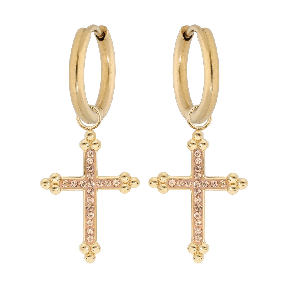 Cr�oles en acier et PVD jaune fantaisie avec pampille Croix champagne et pierres champagne - Vue 1