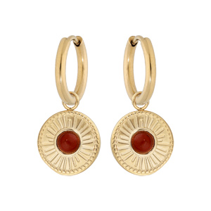 Créoles en acier et PVD jaune fantaisie avec pampille ronde et pierre rouge corail - Vue 1