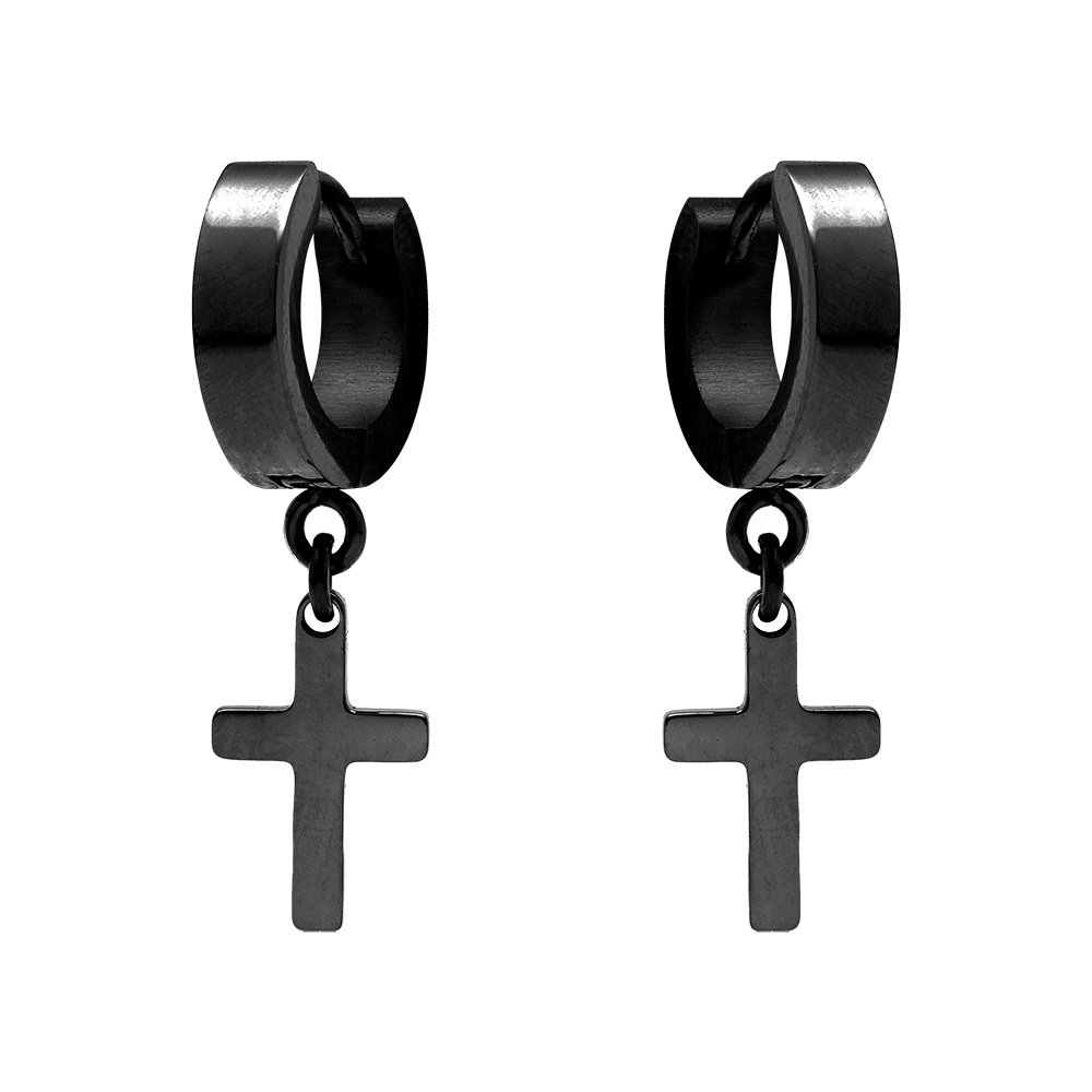 Cr�oles en acier et PVD noir avec croix suspendue - Vue 1