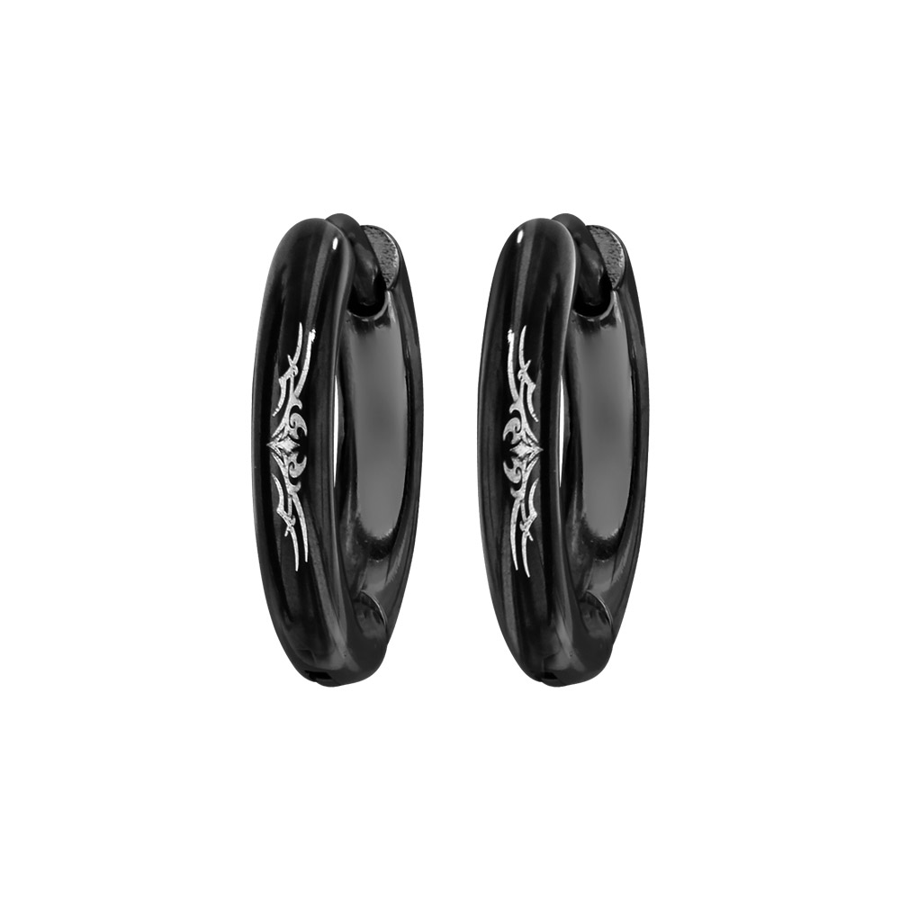 Cr�oles en acier et PVD noir fil rond 2mm articul�es diam�tre ext�rieur 14mm motif tribal - Vue 1