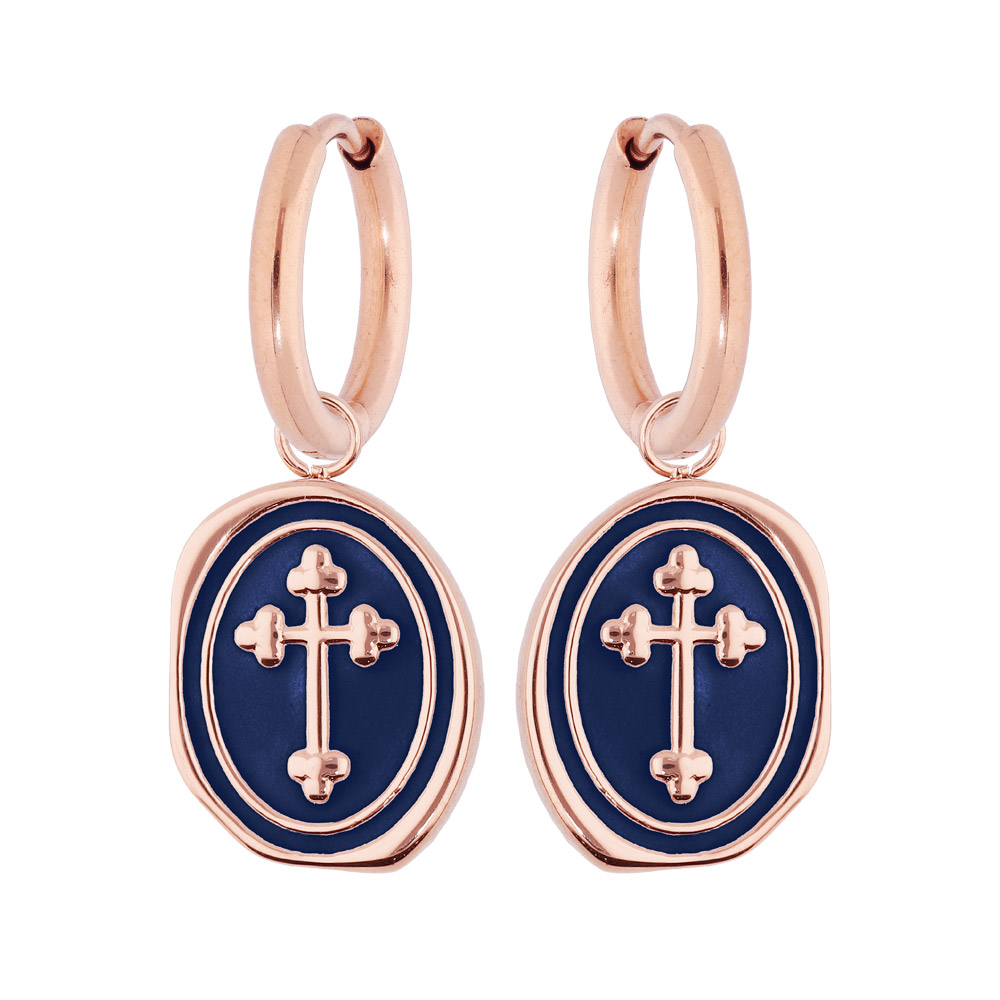 Cr�oles en acier et PVD rose fantaisie avec pampille Croix sur fond bleu nuit - Vue 1